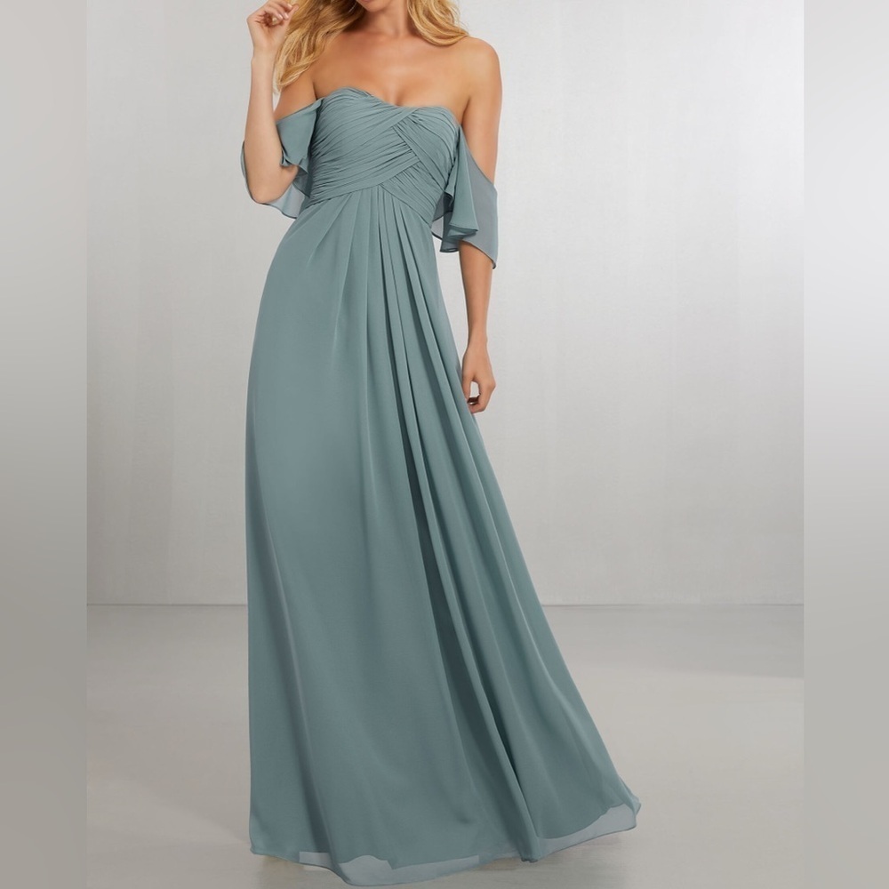 Mori Lee Boho Chic Chiffon Gown. Slate. 12